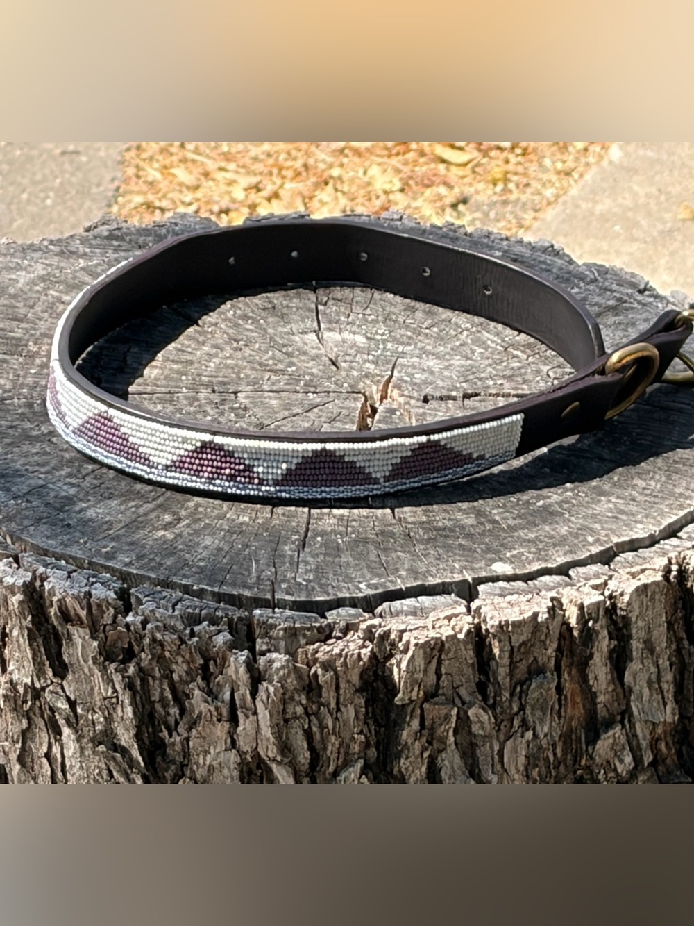 Hand-Beaded Leather Dog Collar- Black/Cream/Lavender/Teal/Yellow w/ Brass
